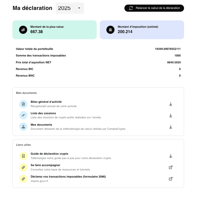 Page déclaration Comptacrypto — plus-value, montant d'imposition et documents fiscaux générés