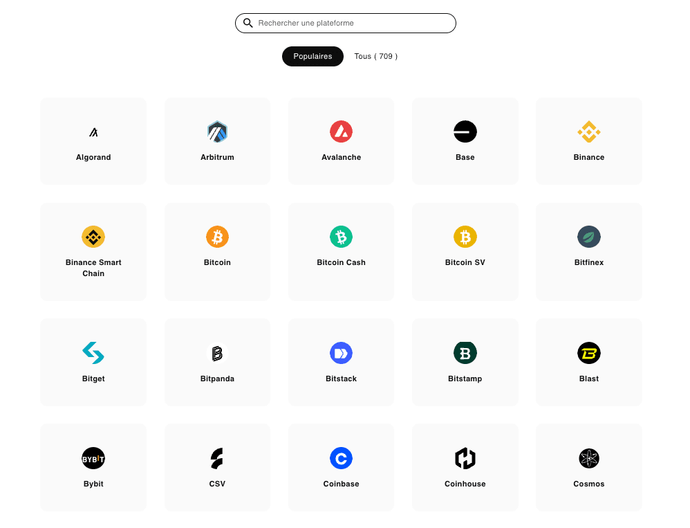 Interface d'import Comptacrypto — connexion de 709 plateformes et wallets crypto