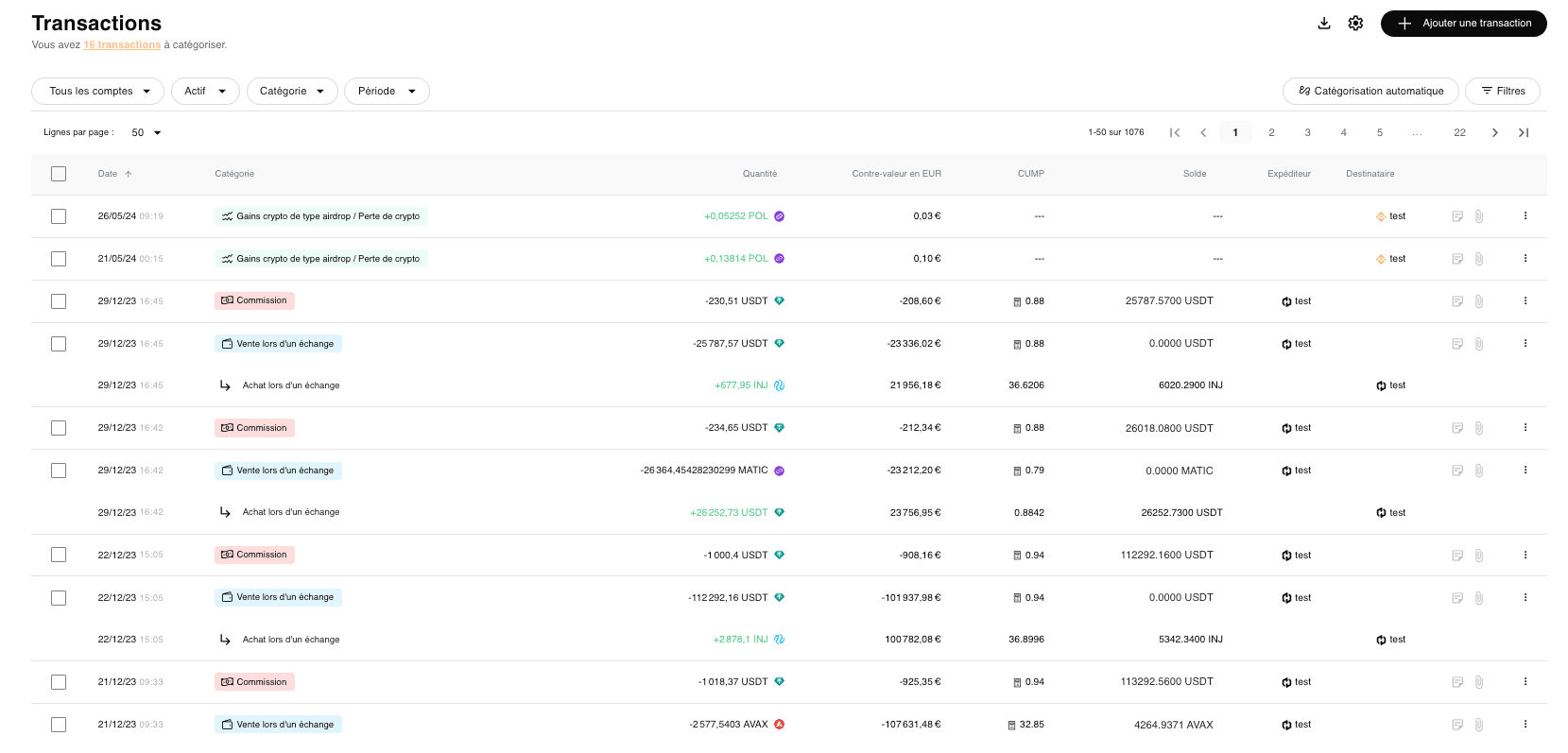 Vue transactions Comptacrypto — catégorisation automatique et calcul du CUMP en temps réel