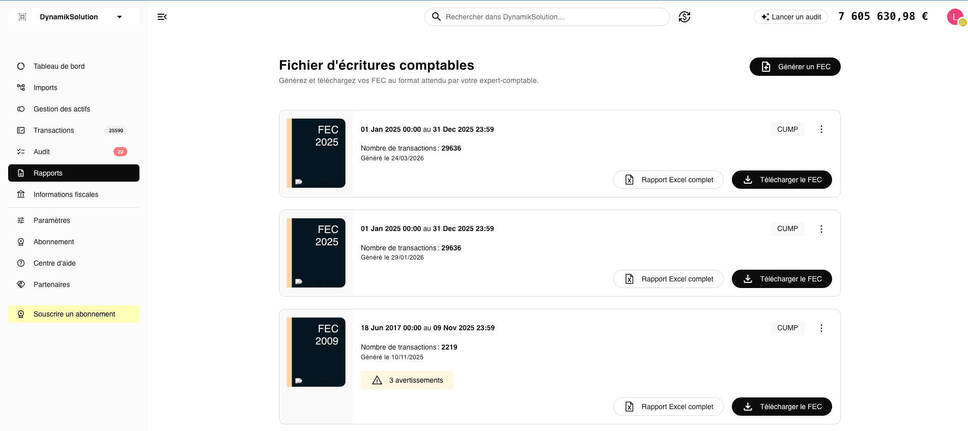Fichier des Écritures Comptables (FEC) généré par Comptacrypto — écritures conformes aux normes françaises
